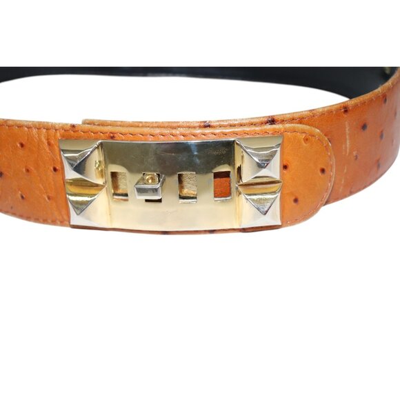 Vintage FRANCE Tan Leather Ostrich Belt Gold Pyramid Stud Buckle Small - Picture 1 of 5
